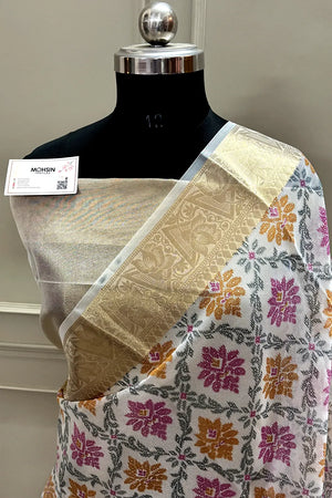 White Pink Printed Muga Silk Banarasi Saree