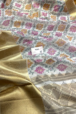 White Pink Printed Muga Silk Banarasi Saree