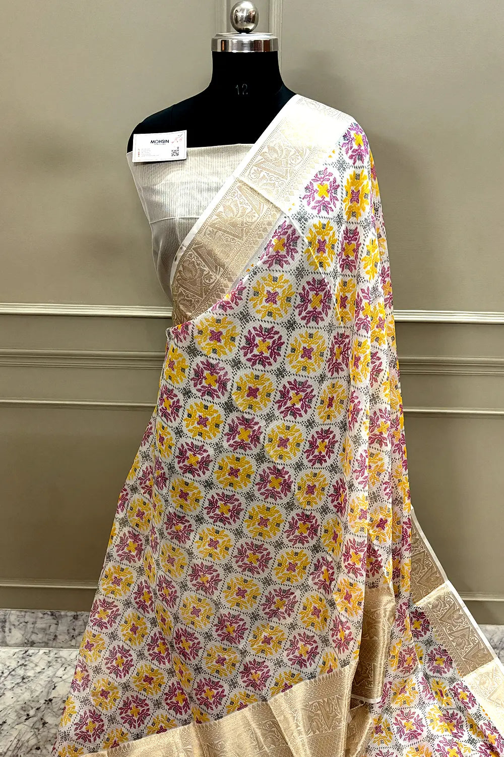 White Pink Printed Muga Silk Banarasi Saree