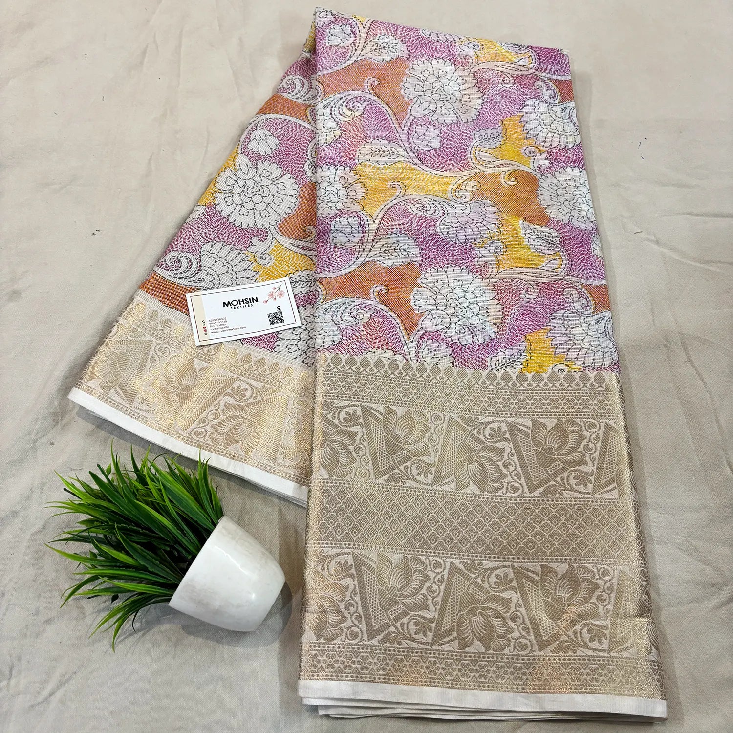 White Pink Printed Muga Silk Banarasi Saree