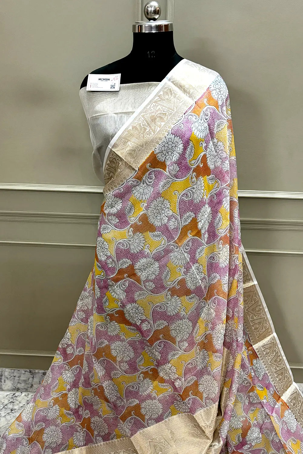 White Pink Printed Muga Silk Banarasi Saree