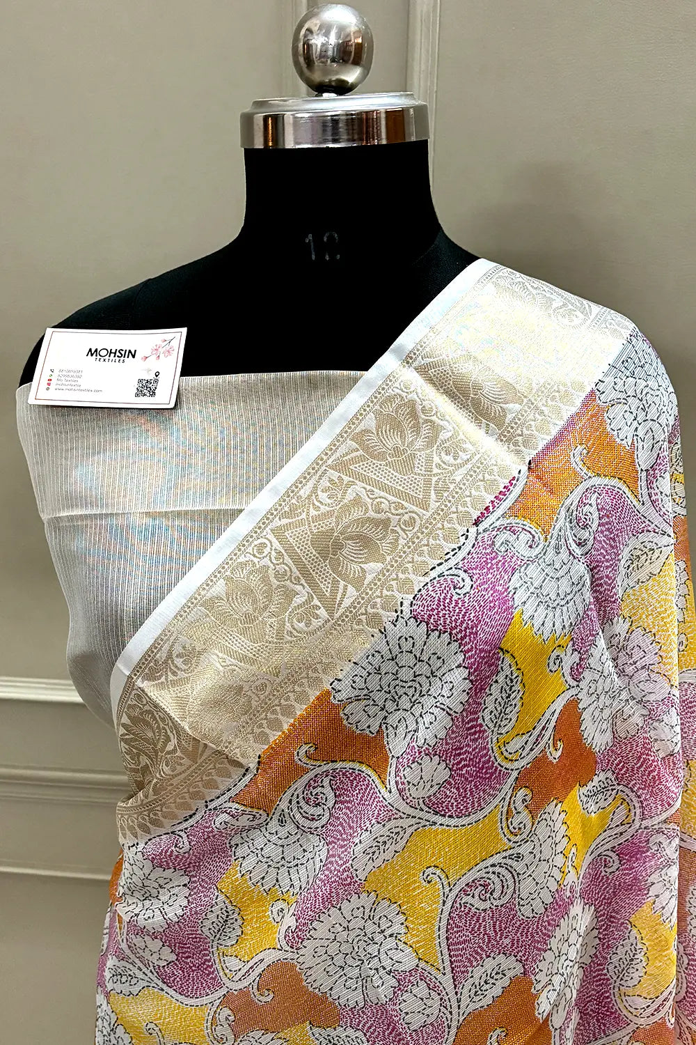 White Pink Printed Muga Silk Banarasi Saree