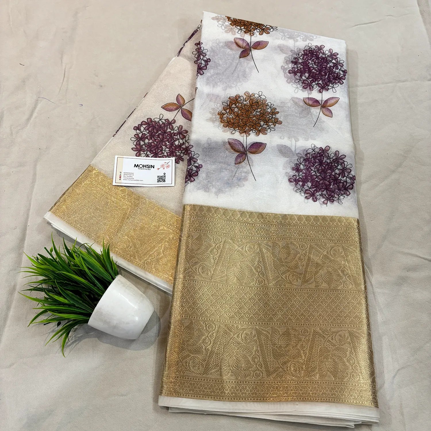 White Purple Printed Muga Silk Banarasi Saree