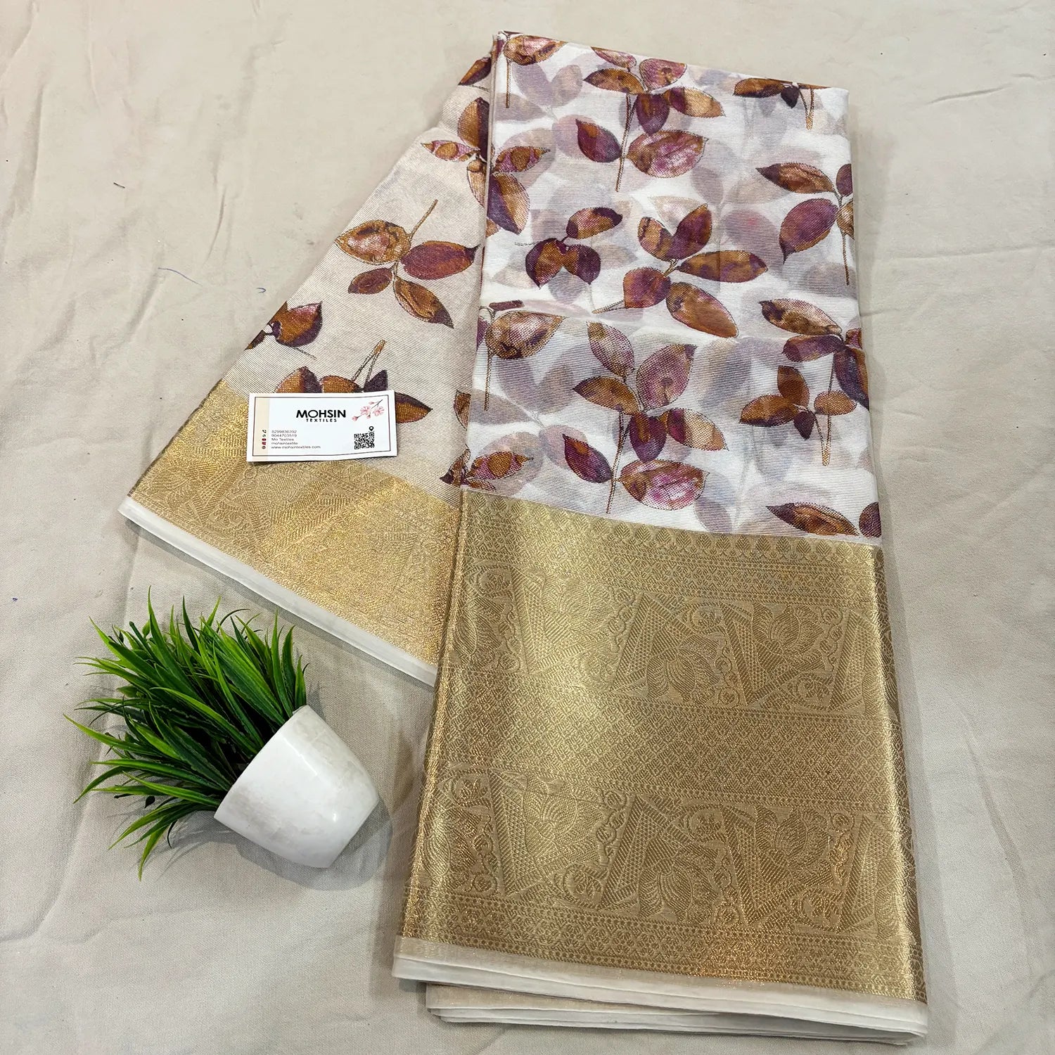 White Purple Printed Muga Silk Banarasi Saree