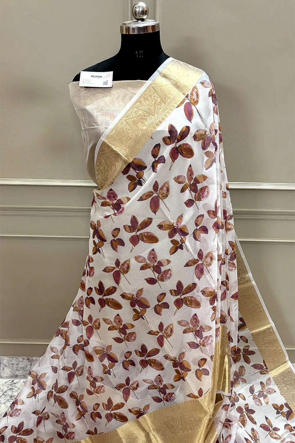 White Purple Printed Muga Silk Banarasi Saree