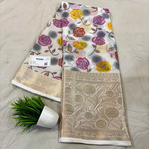 White Purple Printed Muga Silk Banarasi Saree
