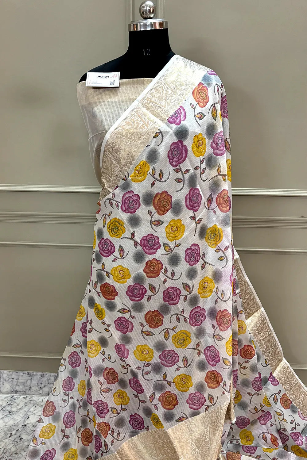 White Purple Printed Muga Silk Banarasi Saree