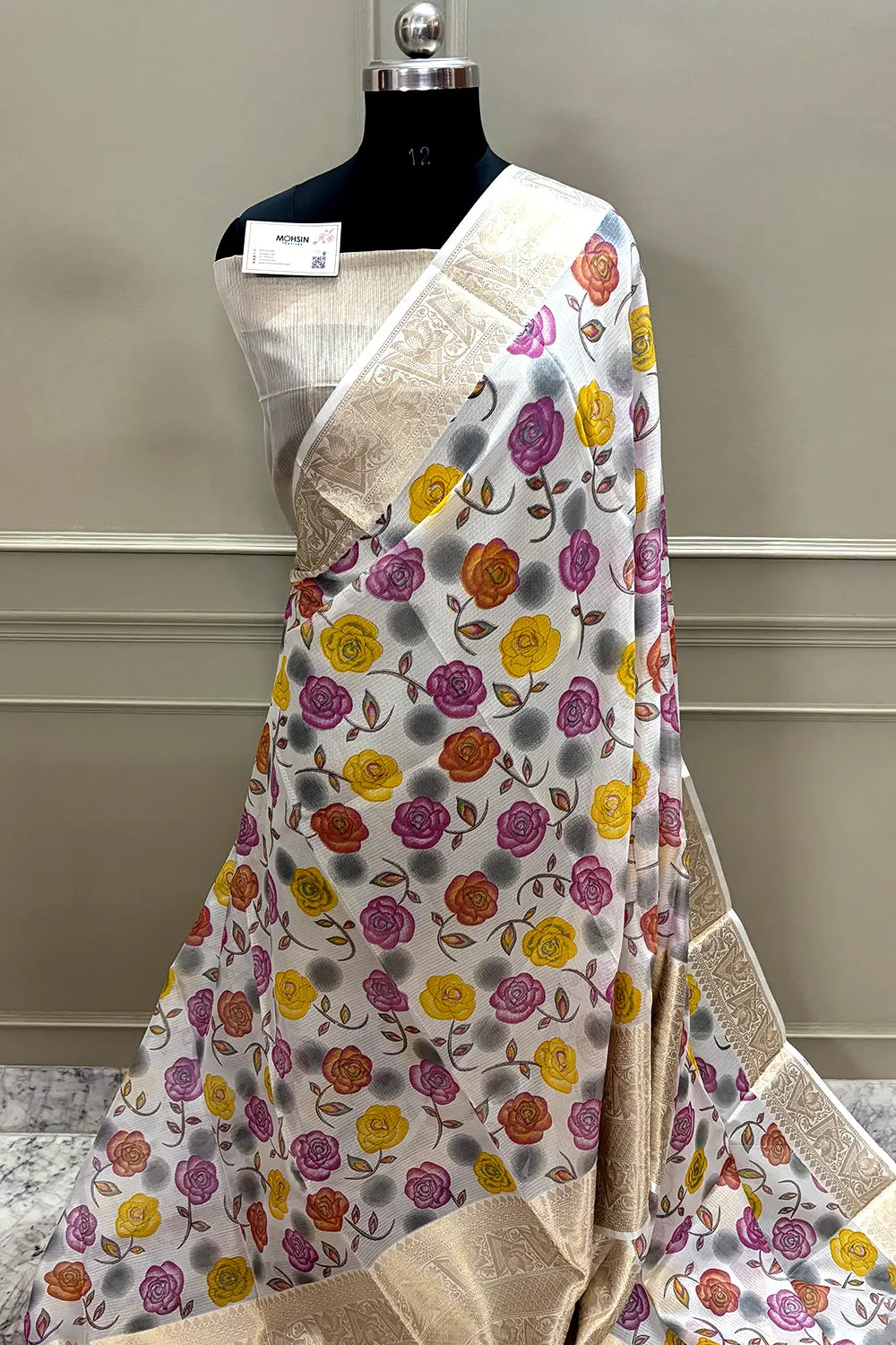 White Purple Printed Muga Silk Banarasi Saree