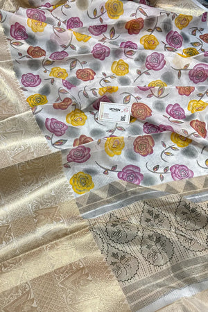 White Purple Printed Muga Silk Banarasi Saree