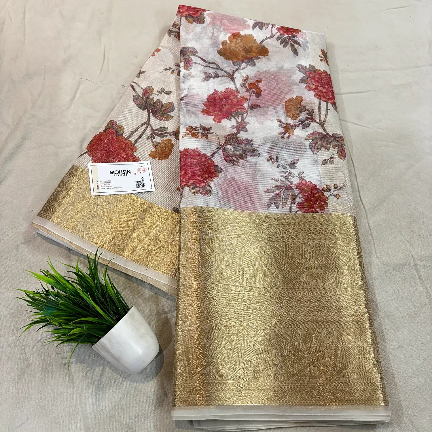 White Rani Printed Muga Silk Banarasi Saree