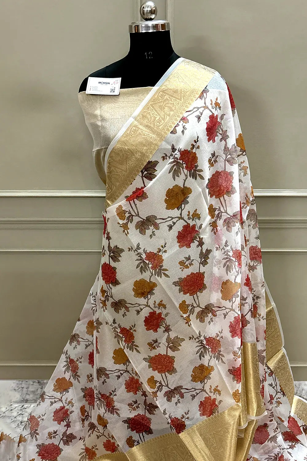 White Rani Printed Muga Silk Banarasi Saree