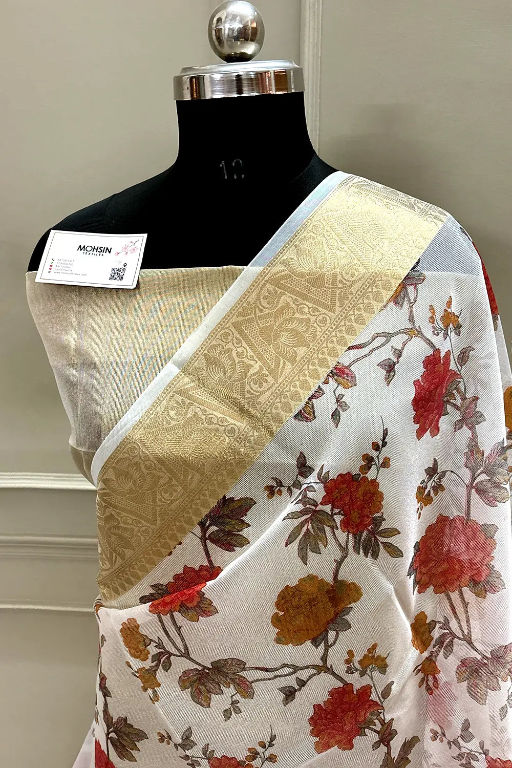 White Rani Printed Muga Silk Banarasi Saree