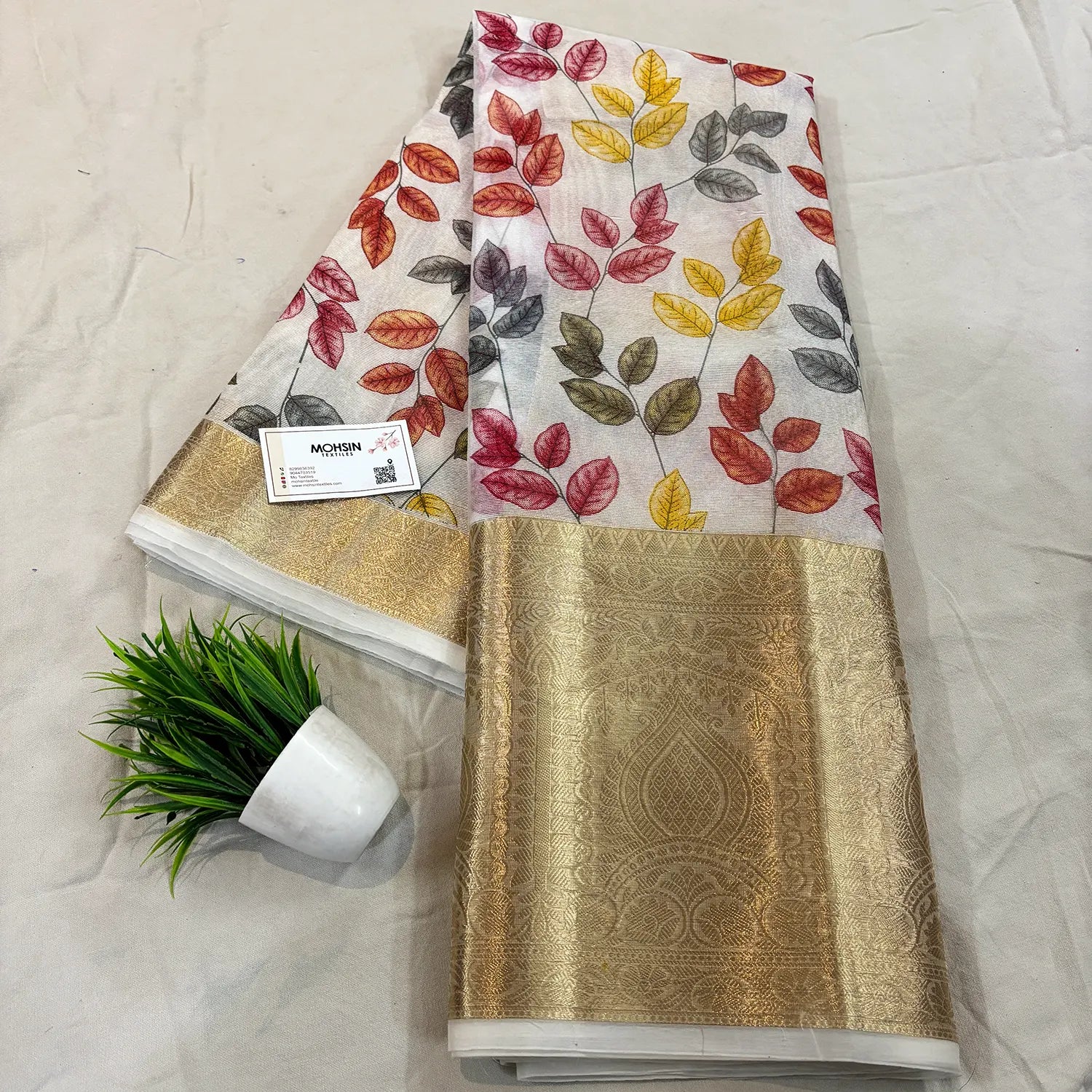 White Rani Printed Muga Silk Banarasi Saree