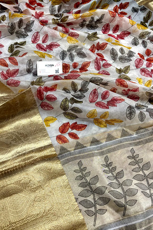 White Rani Printed Muga Silk Banarasi Saree