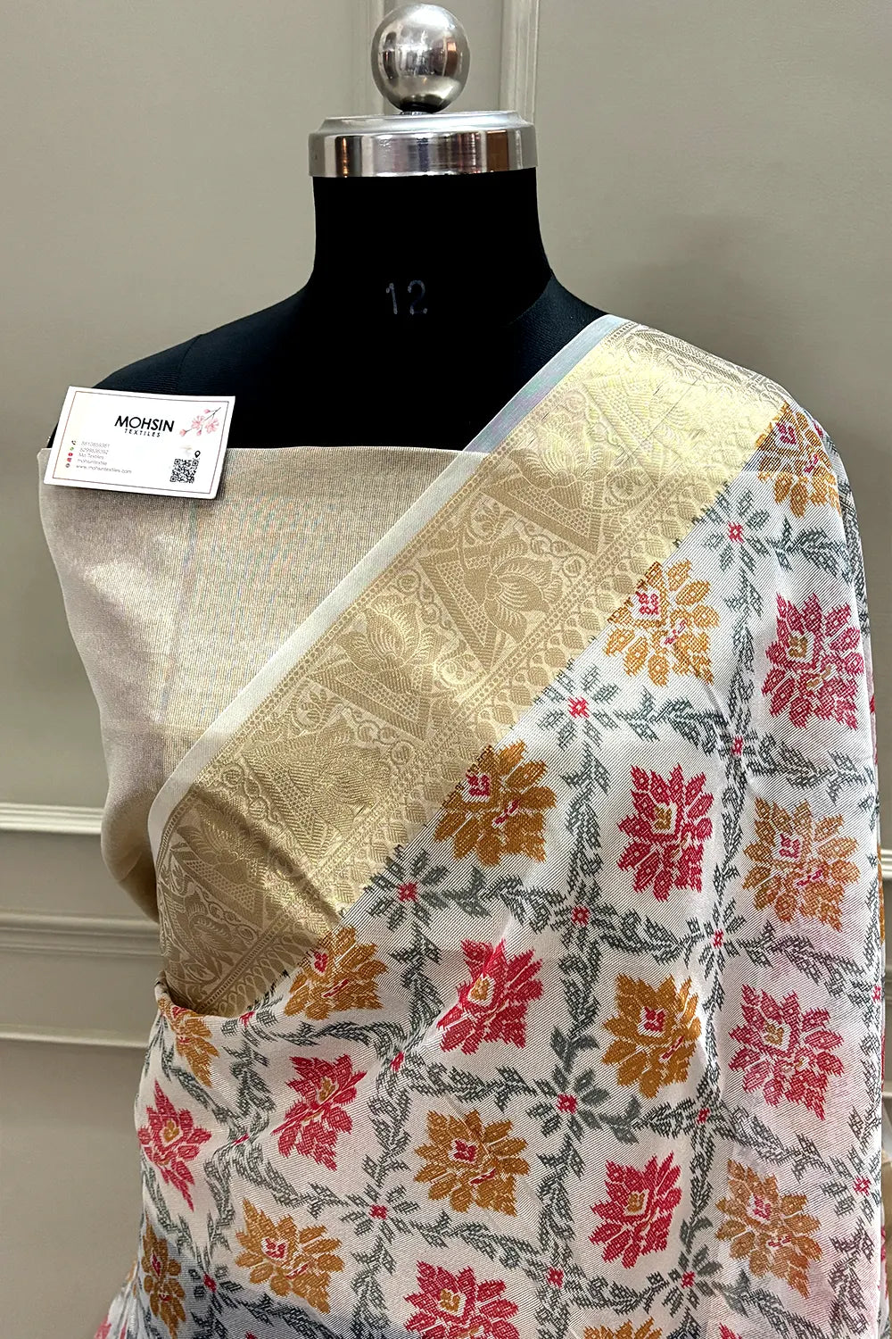 White Rani Printed Muga Silk Banarasi Saree