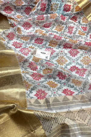White Rani Printed Muga Silk Banarasi Saree