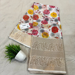 White Rani Printed Muga Silk Banarasi Saree