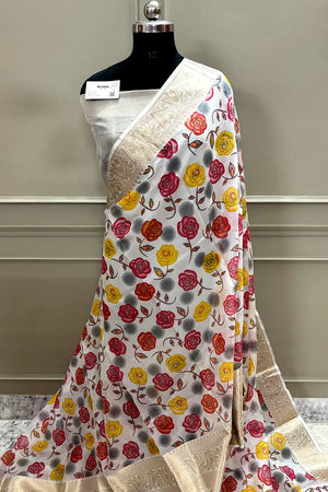 White Rani Printed Muga Silk Banarasi Saree