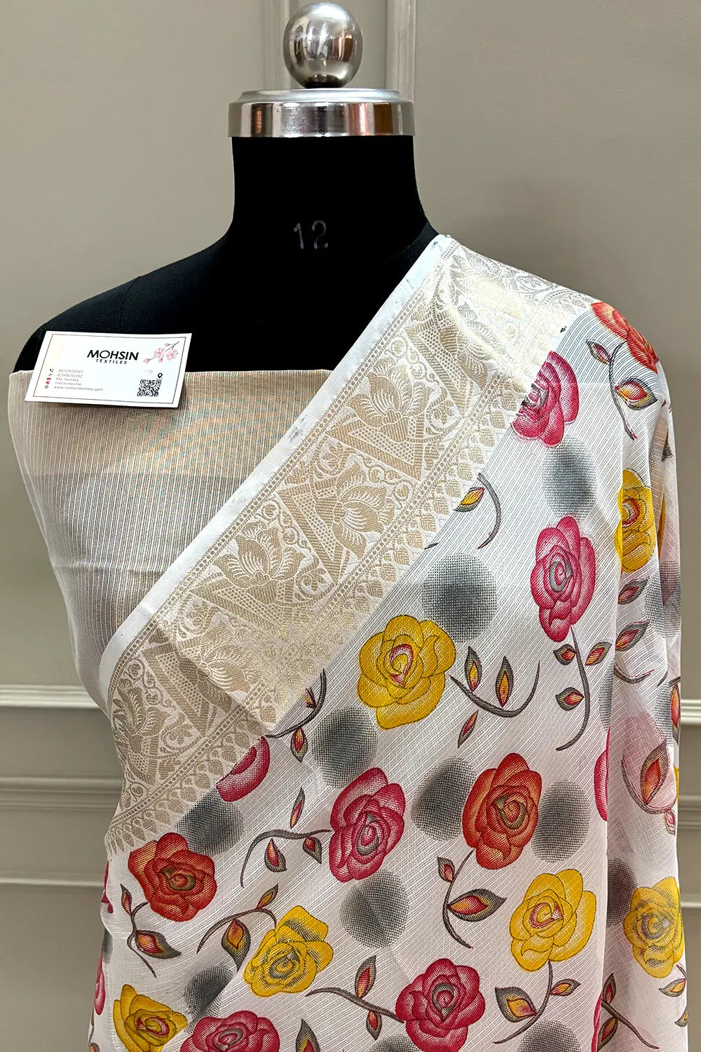 White Rani Printed Muga Silk Banarasi Saree