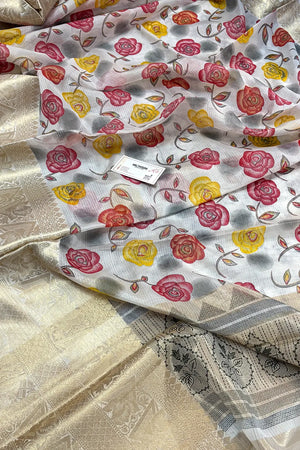 White Rani Printed Muga Silk Banarasi Saree