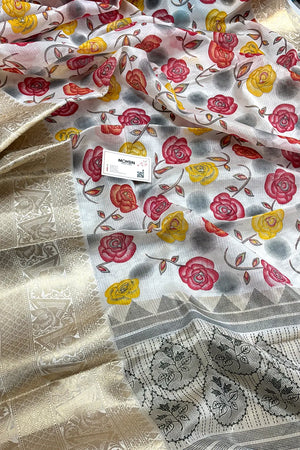 White Rani Printed Muga Silk Banarasi Saree