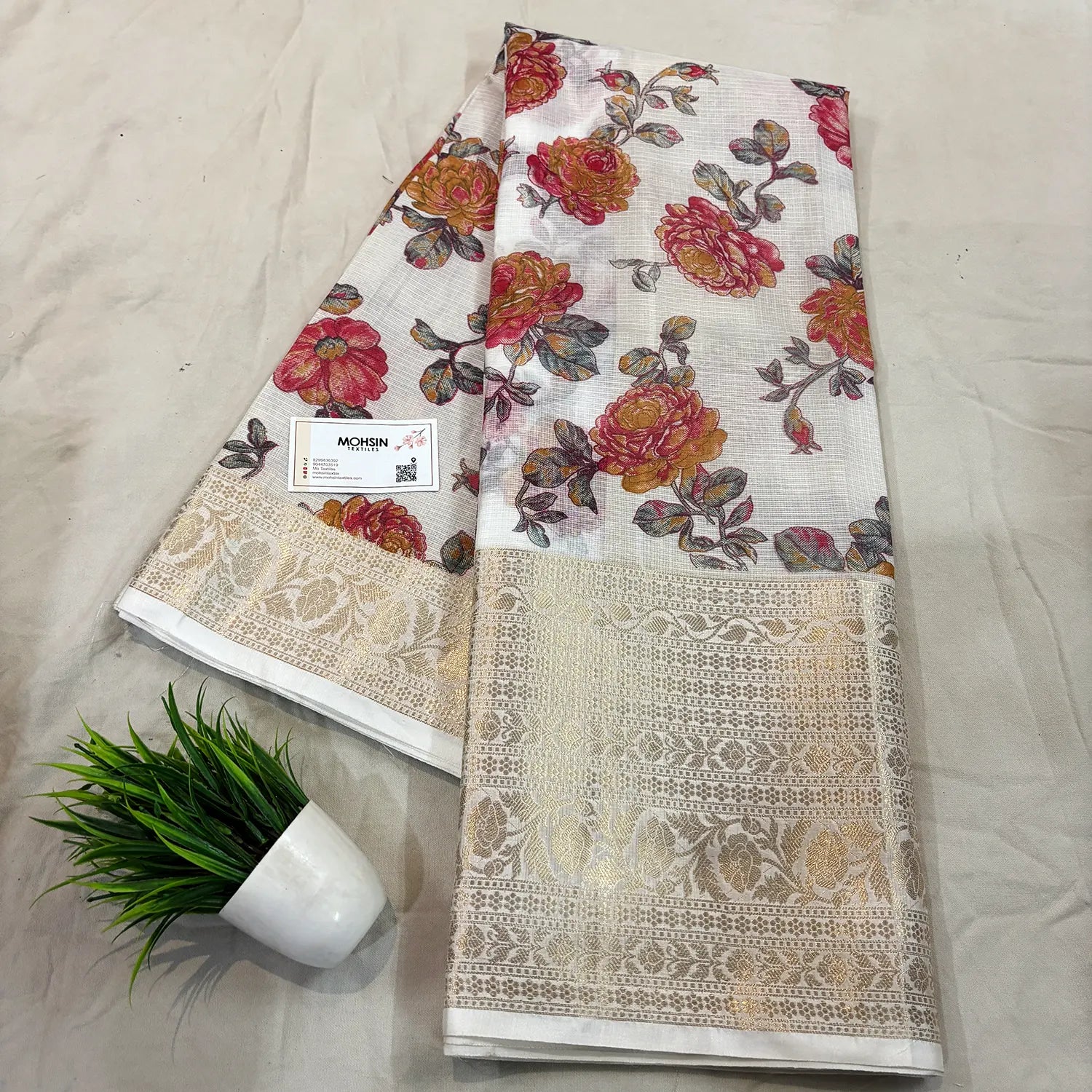 White Rani Printed Muga Silk Banarasi Saree