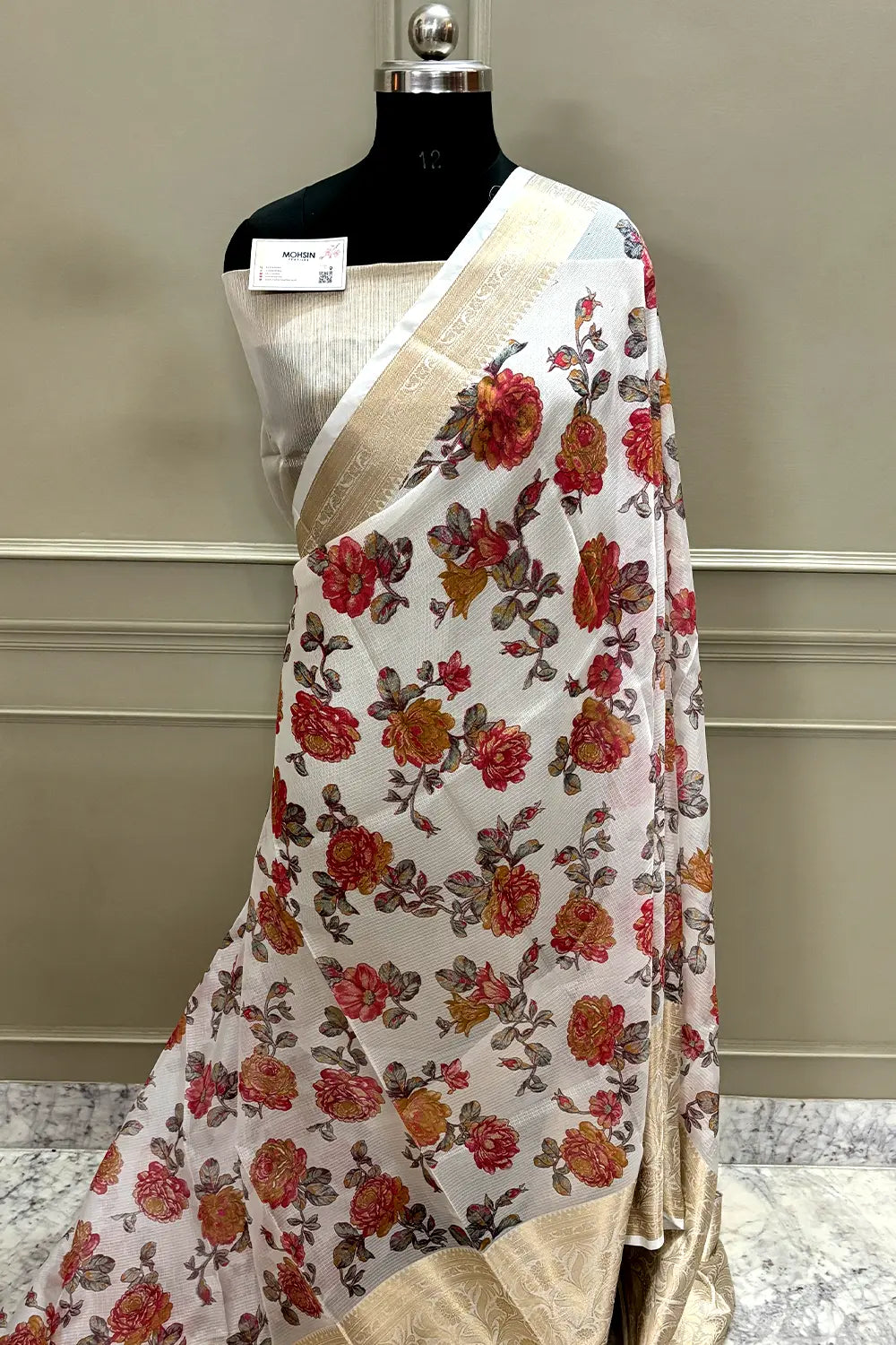 White Rani Printed Muga Silk Banarasi Saree