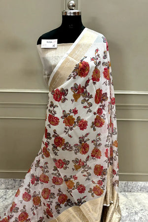 White Rani Printed Muga Silk Banarasi Saree