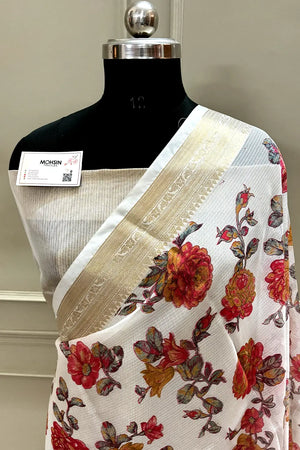 White Rani Printed Muga Silk Banarasi Saree