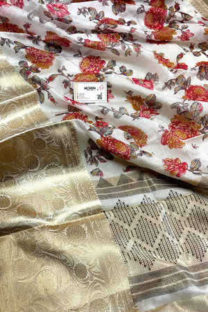 White Rani Printed Muga Silk Banarasi Saree