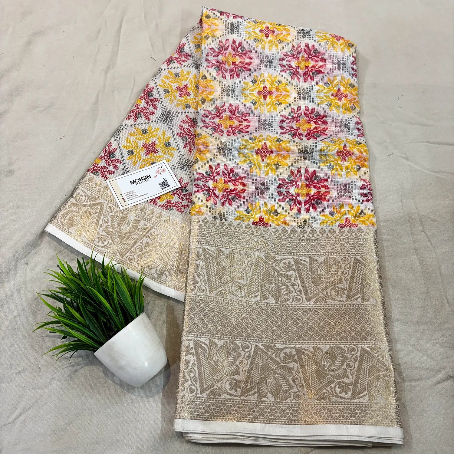 White Rani Printed Muga Silk Banarasi Saree
