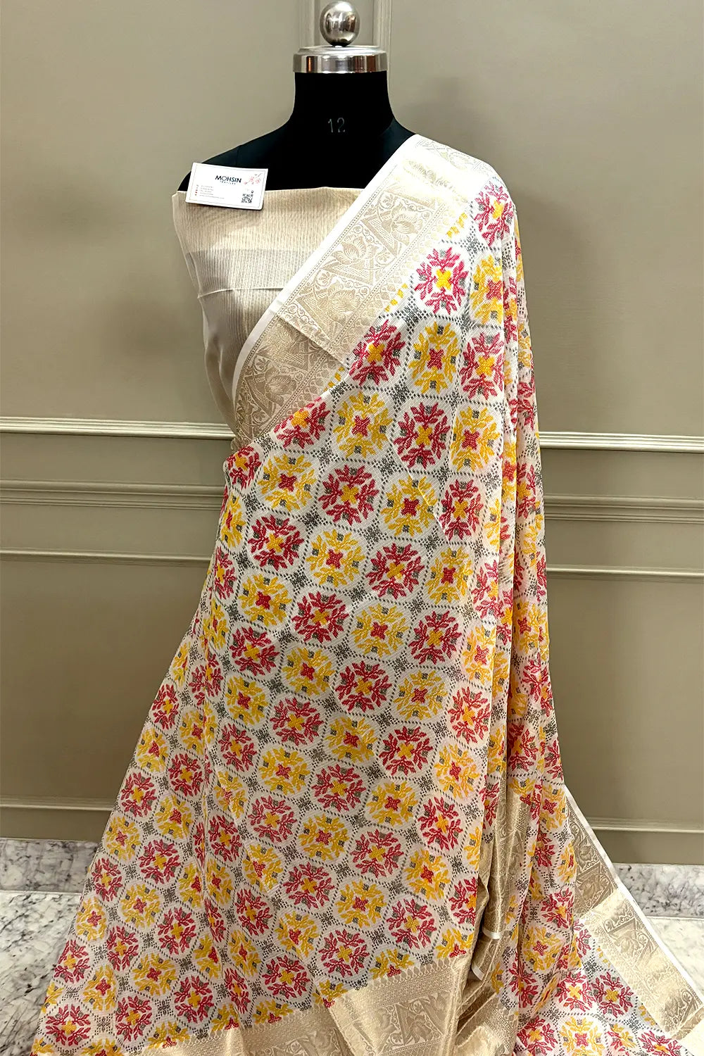 White Rani Printed Muga Silk Banarasi Saree