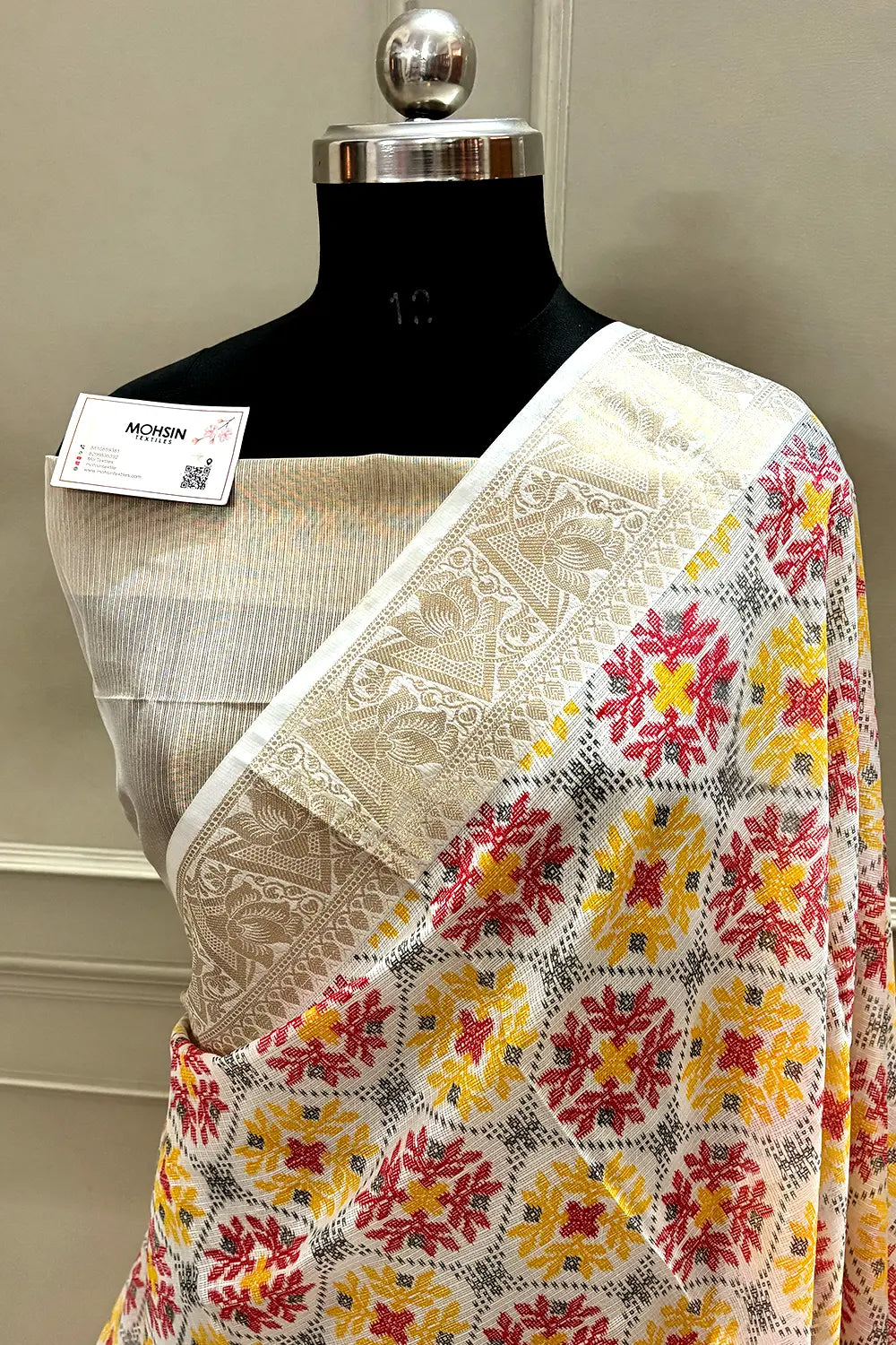 White Rani Printed Muga Silk Banarasi Saree