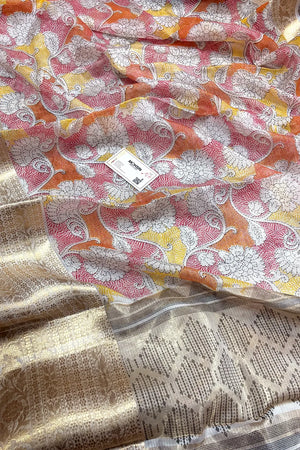 White Rani Printed Muga Silk Banarasi Saree