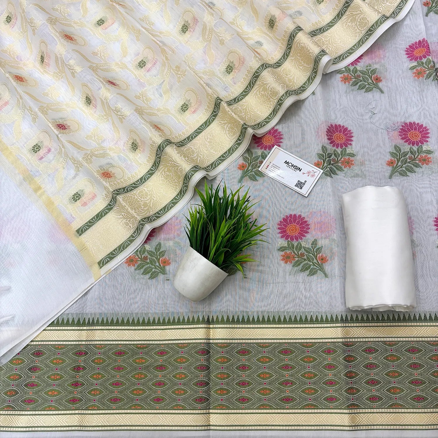 White Resham Banarasi Silk Suit