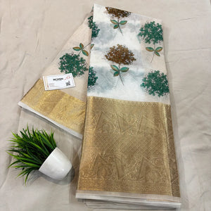 White Sea Green Printed Muga Silk Banarasi Saree