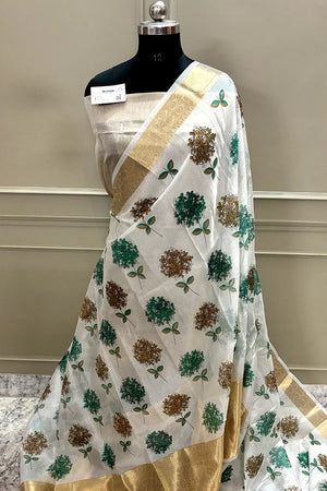 White Sea Green Printed Muga Silk Banarasi Saree