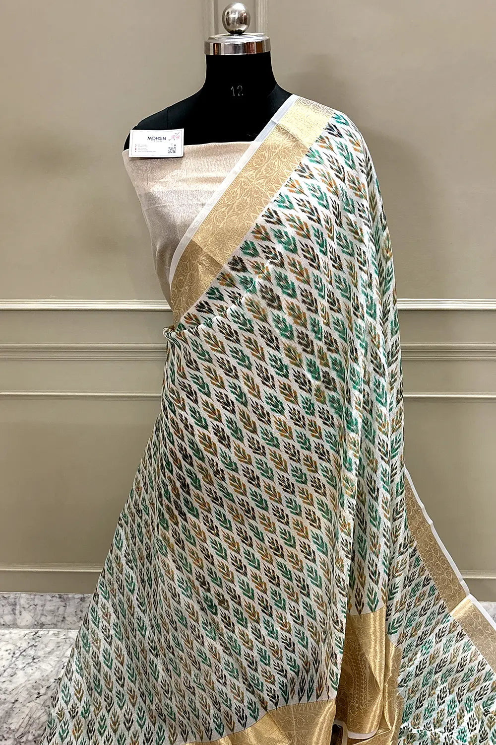 White Sea Green Printed Muga Silk Banarasi Saree