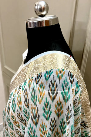 White Sea Green Printed Muga Silk Banarasi Saree