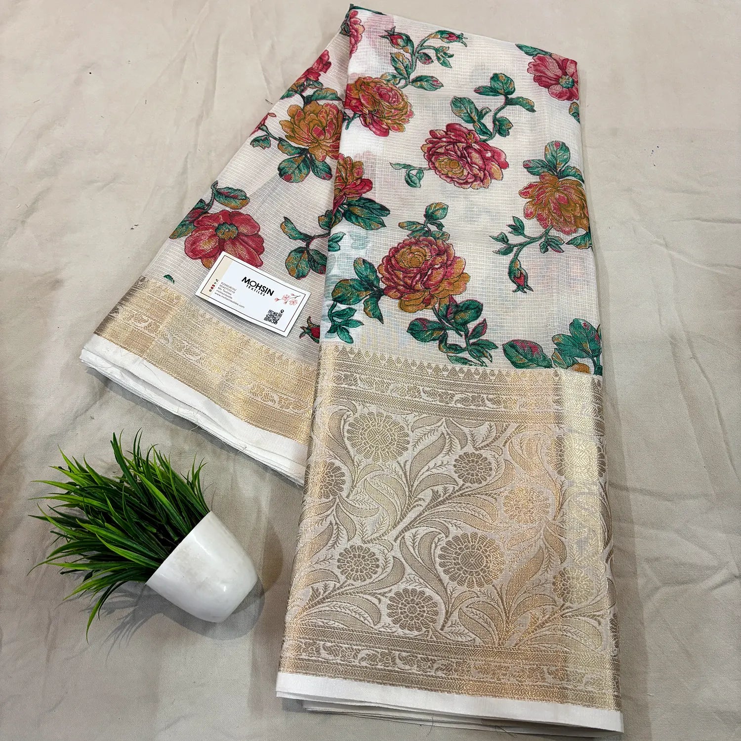 White Sea Green Printed Muga Silk Banarasi Saree
