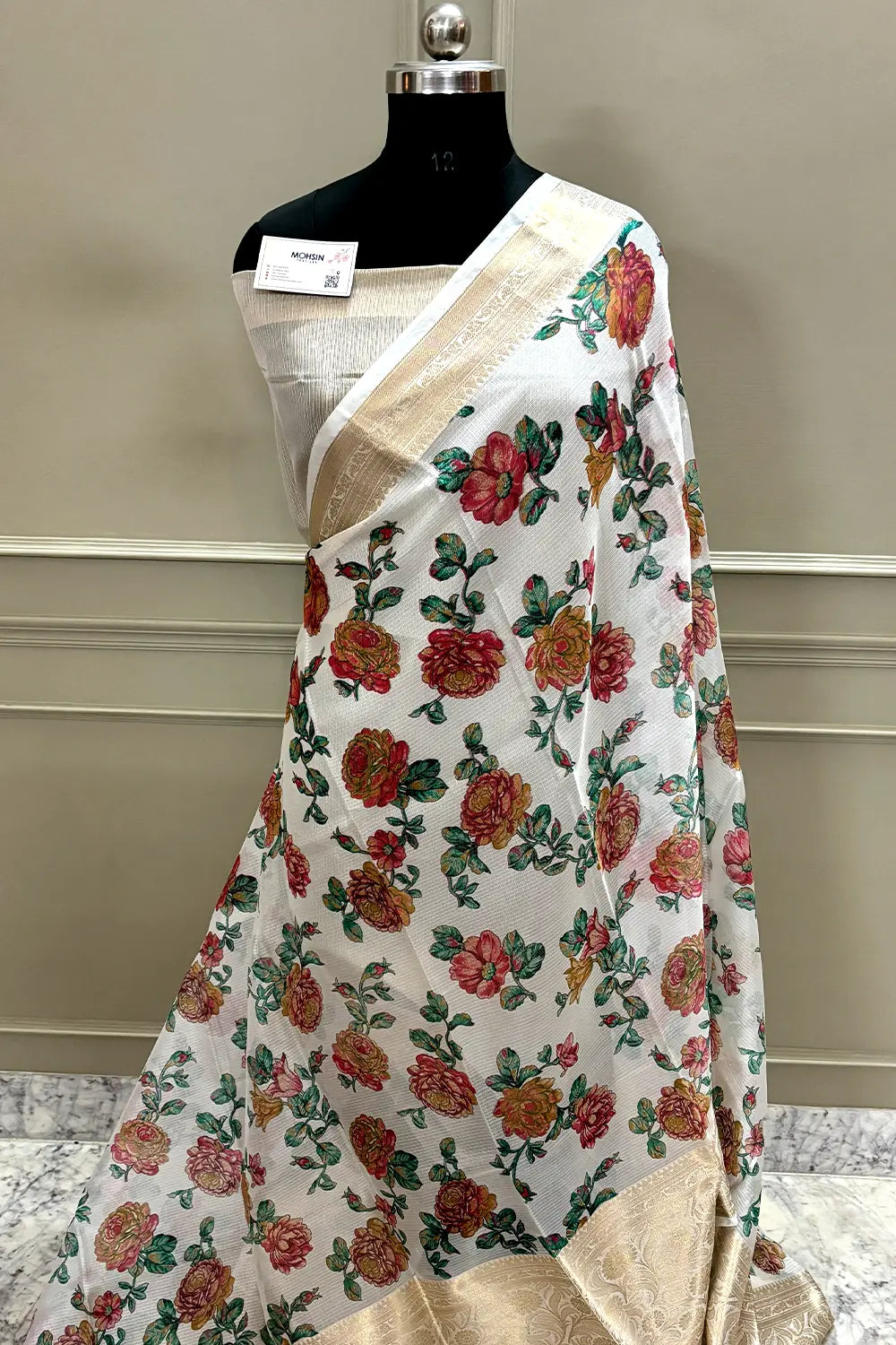 White Sea Green Printed Muga Silk Banarasi Saree