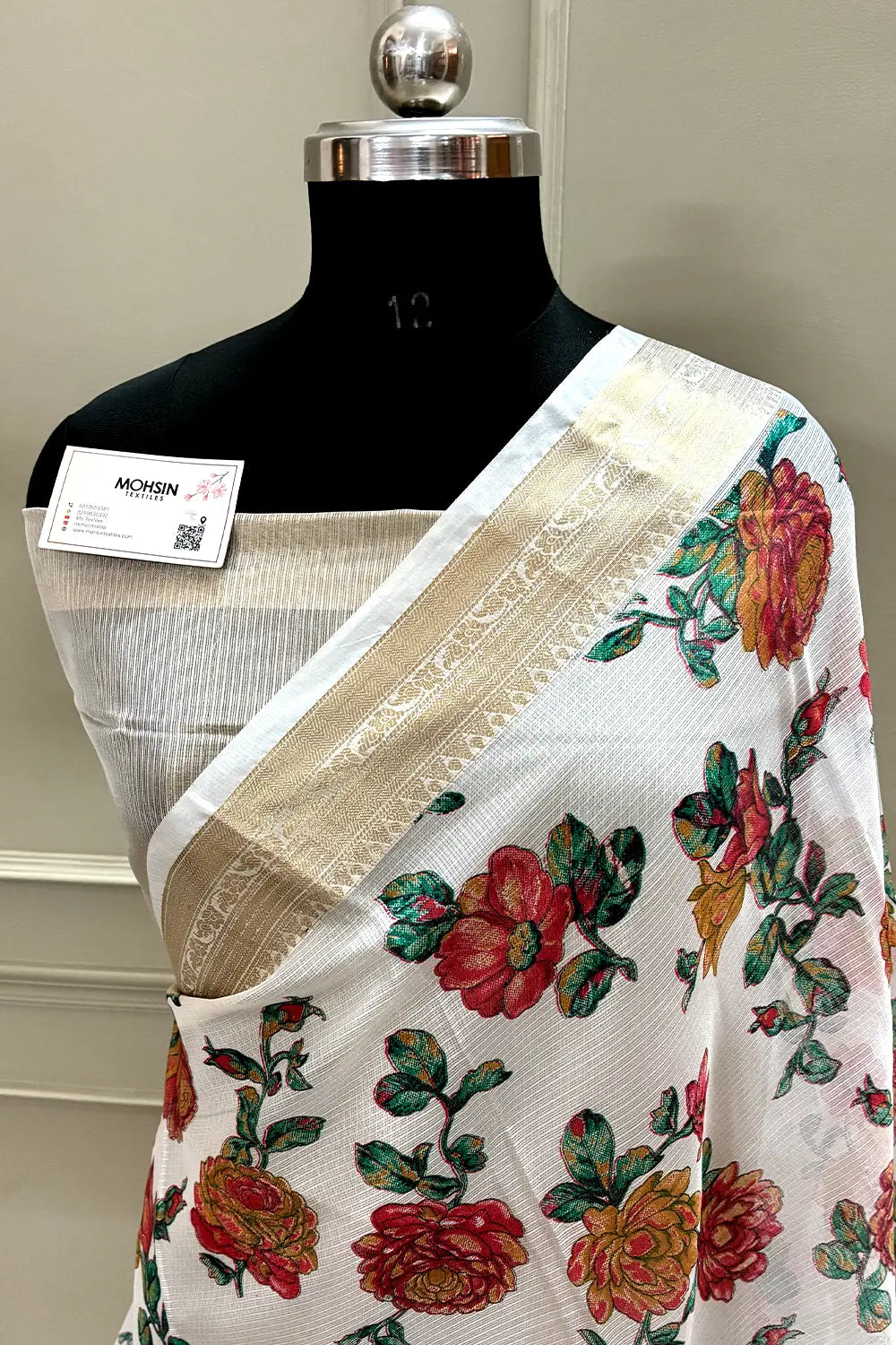 White Sea Green Printed Muga Silk Banarasi Saree