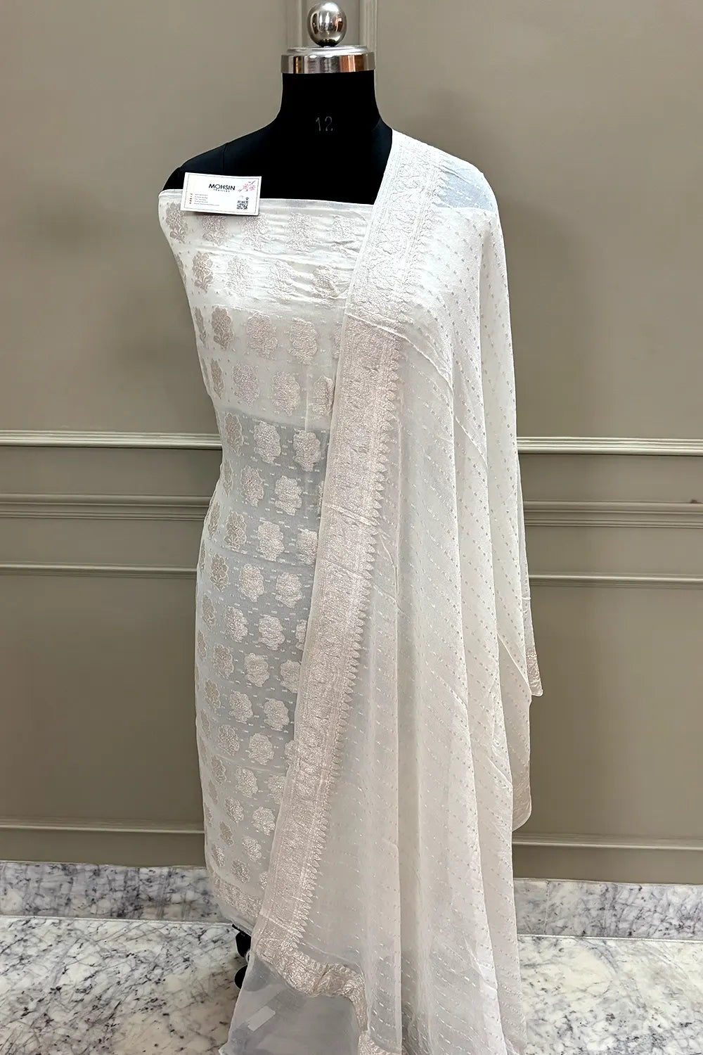 White Zari Pure Georgette Silk Banarasi Suit