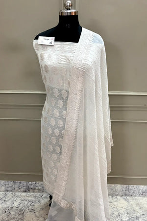 White Zari Pure Georgette Silk Banarasi Suit