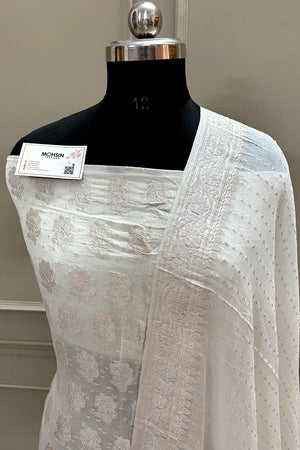 White Zari Pure Georgette Silk Banarasi Suit