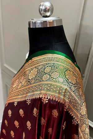 Wine and Bottle Green Satin Silk Banarasi Saree