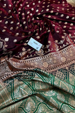 Wine and Bottle Green Satin Silk Banarasi Saree