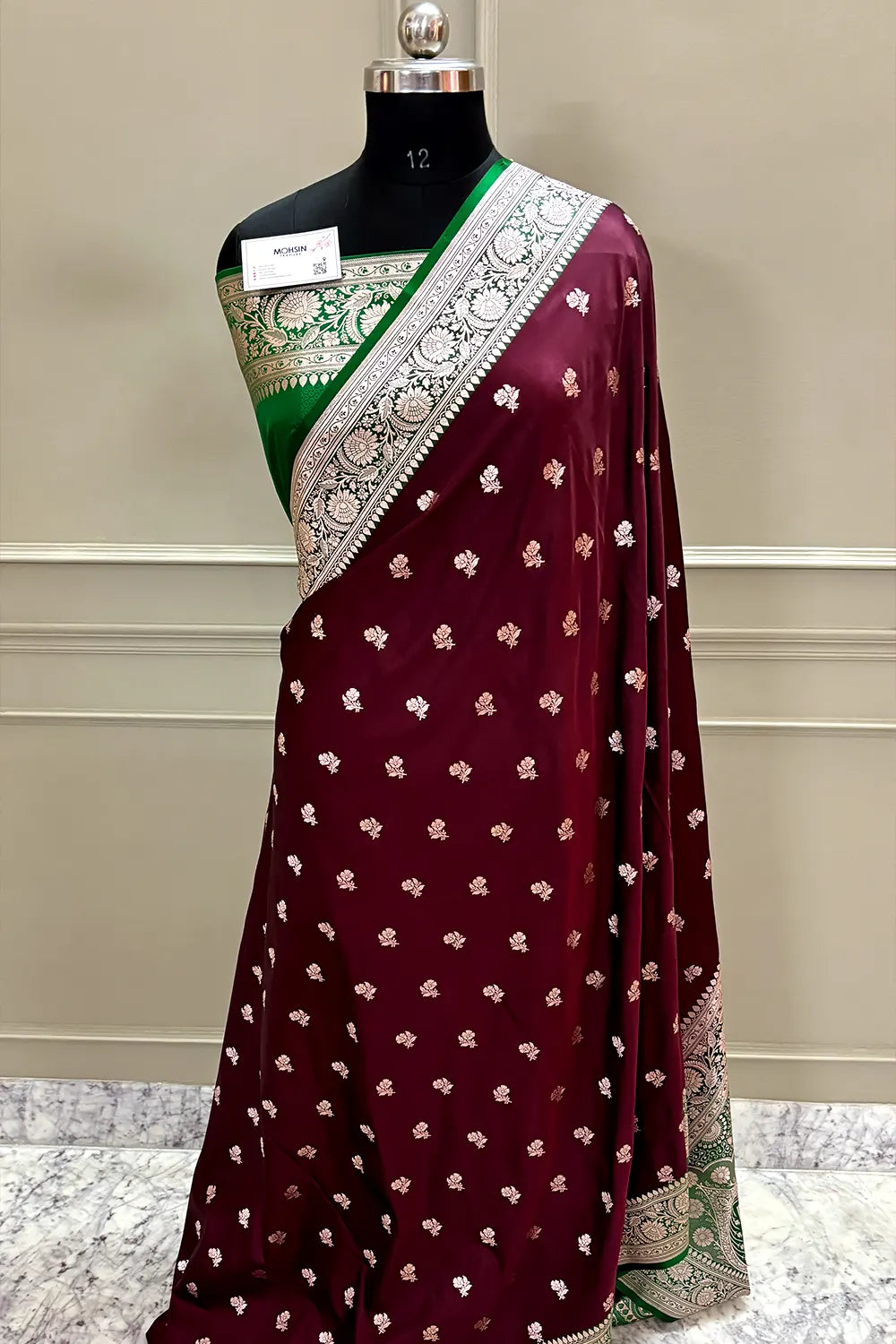 Wine and Green Chaman Buti Katan Silk Banarasi Saree