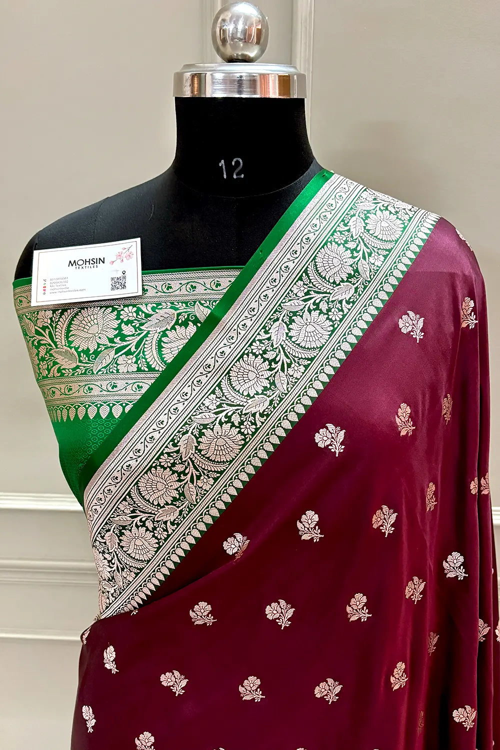 Wine and Green Chaman Buti Katan Silk Banarasi Saree