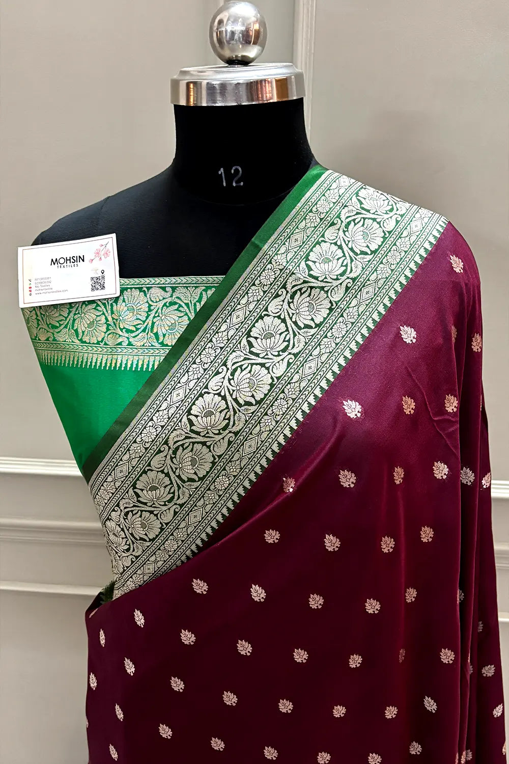 Wine and Green Rudraksha Buti Katan Silk Banarasi Saree